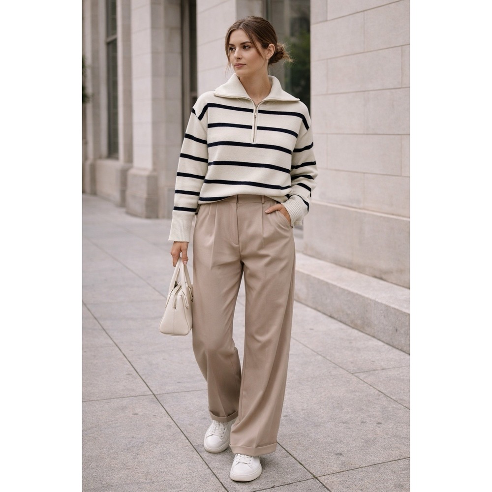 Cynthia Rowley Sweater Womens 1X Cream Navy Boxy Striped Mock Neck French Girl